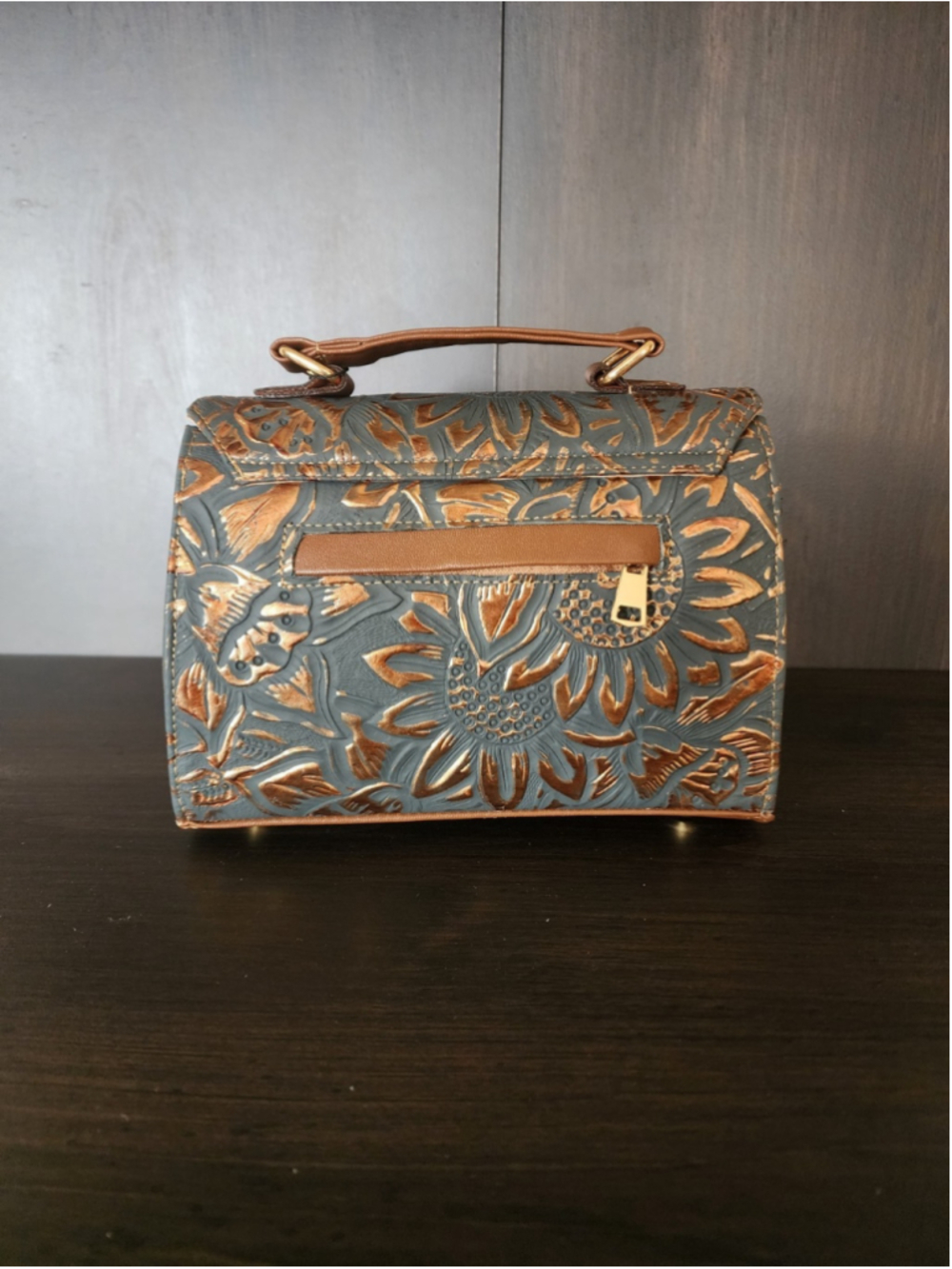 Grayish Navy Blue GOLD Sunflower Embossed Tooled Artisan Leather Crossbody Purse - Picture 7 of 16